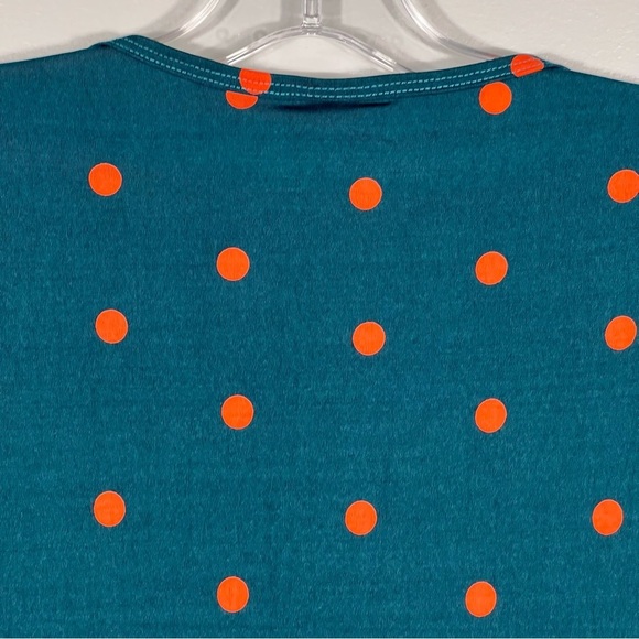 LuLaRoe Irma Stretch Tee Size XXS Dark Teal Green Orange Polka Dots Oversize Top - Picture 6 of 7